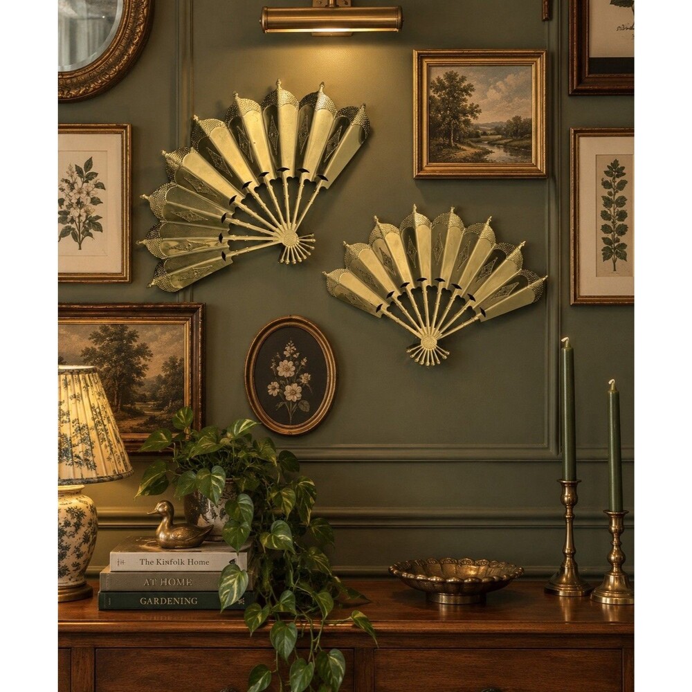 Pair Vintage Gold Wall Fans Hollywood Regency MCM Glam Metal Fan Decor